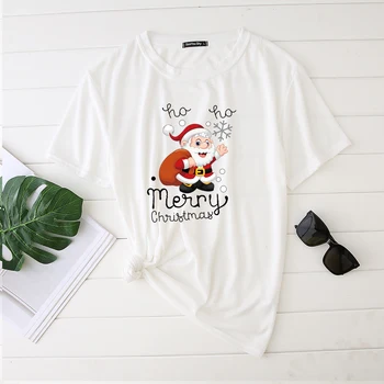 Seeyoushy Vesel Božič Santa Claus Tiskanja Ženske majice Harajuku Vrh Femme Majice za Ženske Priložnostne O Vratu Plus Velikost Oblačila