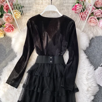 Seksi Proti-vrat Črna Stranka Obleko Elegantno Visoko Pasu Ruffle Žamet Mozaik Midi Obleko Z Sashes Pasu Ženska Moda Jeseni leta 2020