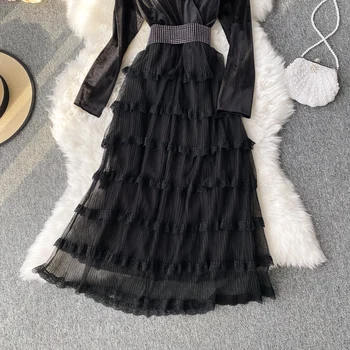 Seksi Proti-vrat Črna Stranka Obleko Elegantno Visoko Pasu Ruffle Žamet Mozaik Midi Obleko Z Sashes Pasu Ženska Moda Jeseni leta 2020