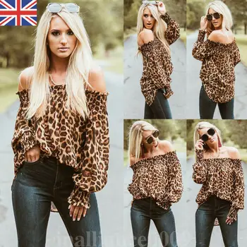 Seksi Slog Žensk Leopard Srajce Off Ramenski Tisk Svoboden Vrhovi Puloverji Elegantna Dame Bluzo Stilsko Femme Blusa Majica Oblačila