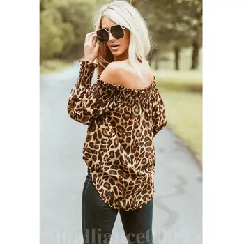 Seksi Slog Žensk Leopard Srajce Off Ramenski Tisk Svoboden Vrhovi Puloverji Elegantna Dame Bluzo Stilsko Femme Blusa Majica Oblačila