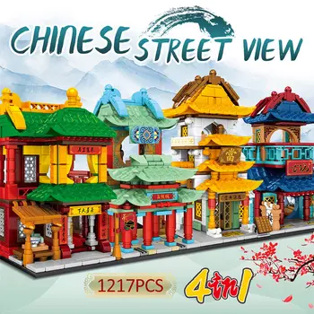 SEMBO Mesto Street View Teahouse Trgovina Arhitektura Stavbe, Bloki Ustvarjalca Kitajski Slog Starinsko Hišo Opeke Igrače Za Otroke