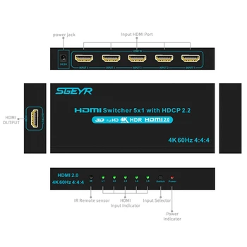 SGEYR HDMI 2.0 Stikalo 5x1 HDMI Preklopnik za Ločevanje 5 v 1 Izhod z IR Daljinski upravljalnik 2.0 HDMI HDCP 2.2 za Prenosni RAČUNALNIK PS3 PS4 TV