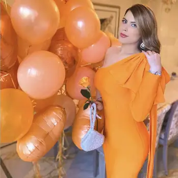 Simly Tara 2020 Zimske Ženske Oranžna Povoj Stranka Obleko Modni Ženski Eno Pleče Dolgo Sleeve Lok Bodycon Obleke Vestidos