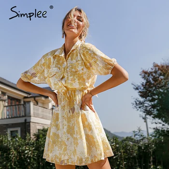 Simplee 2021 Pomlad poletje letnik cvjetnim tiskanja mini obleka Priložnostne črto dame majica obleko Modne rumena ženske obleke vestido