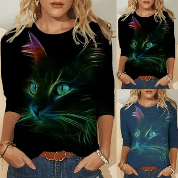 Smešno Oblačil za Pomlad Jesen Priložnostne Puloverji ženska Oblačila Luštna Mačka 3D Tiskanja Dolg Rokav T-Majice, Dame Moda Vrhovi