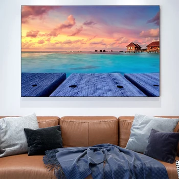 Sodobna Lep sončni Zahod Platno Slikarstvo Modro morje Seascape Plakatov in Fotografij Wall Art za Dnevni Sobi Doma Dekoracijo Cuadros