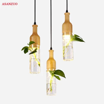 Sodobni LED rastlin obesek luči lesa steklena embalaža za keramiko svetilka industrijske dekor visi žarnice E27 led razsvetljavo lampara