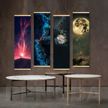 Sodobno Tiskanje Doma Dekoracijo Wall Art Zvezda, Luna Pokrajino Slike Lesene Poiščite Visi Slikarstvo Nordijska Platno Plakat Dnevna Soba