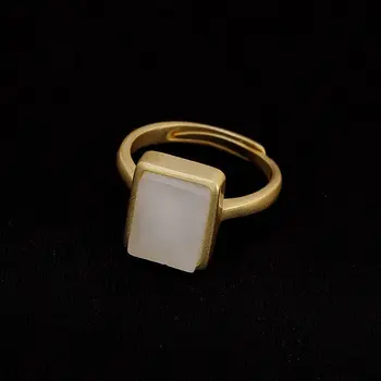 Srebro vdelan naravnih Hetian belega jade kvadratnih geometrijske odpiranje nastavljiv prstan Kitajski retro slogu luksuzni nakit za ženske