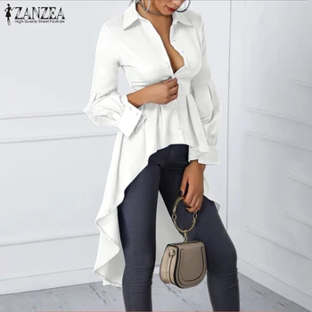 Stilsko Ženske Vrhovi Bluze 2021 Moda ZANZEA Ženski Asimetrični Visoko Pasu Tunika Priložnostne Srajce Nepakirana Trdna Gumbi Blusas 7