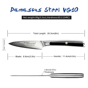 SUNNECKO 3,5-palčni Odrezanje Nož Damask Japonski VG10 Jedro Jekla Rezilo Kuhinjski Noži Oster Sadje Peeling Rezalno Orodje G10 Ročaj