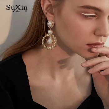 SuXin uhani 2020 novo preprost krog uhani za ženske dolg odsek umetne biser obesek, uhani nakit darilo