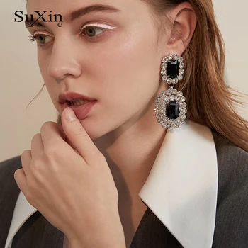 SuXin uhani 2020 novo preprost temperament kvadratnih uhani za ženske dolgo veliki kristalni obesek, uhani nakit darilo