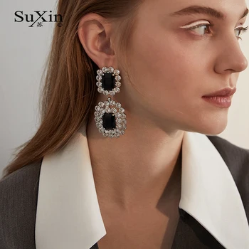 SuXin uhani 2020 novo preprost temperament kvadratnih uhani za ženske dolgo veliki kristalni obesek, uhani nakit darilo