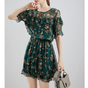 SUYADREAM Cvetlični Obleko Svile Georgette Ruffles Plažo, Obleke za ženske do leta 2020 Poletje Tiskanja Mini Obleka