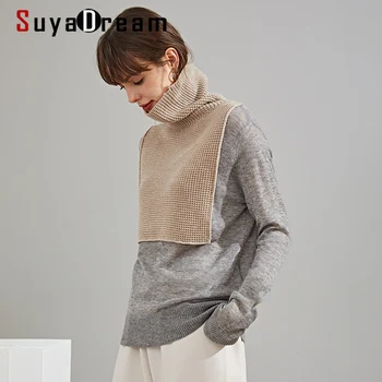 SuyaDream ženska Volna puloverji Turtleneck Puloverji Kontrast Barve, Tople Puloverje 2020 Jesen Zima Plesti Vrh