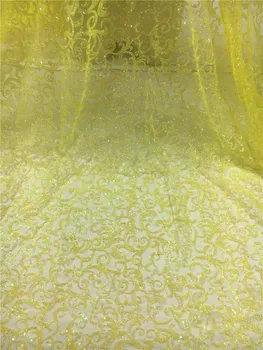 Svetlo rumene vrh prodajo bleščice mrežnega materiala za večerno obleko 5 metrov JRB-102129 posebne prilepljena bleščice čipke tkanine