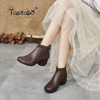 Tastabo Pravega Usnja visoke pete ženske čevlje Retro minimalističen slog Ročno debele pete ženske čevlje S9938 Black Brown zadrgo