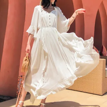 TEELYNN bela ruffles dolge Obleke, ženske haljo letnik plaži boho Proti-vrat nezakonitih poletje obleko priložnostne elastični pas vestidos
