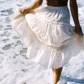 TEELYNN bela vezenino dolgo krilo Ženske letnik bombaž poletje priložnostne krila elastična visoko pasu boho plaži čipke falda