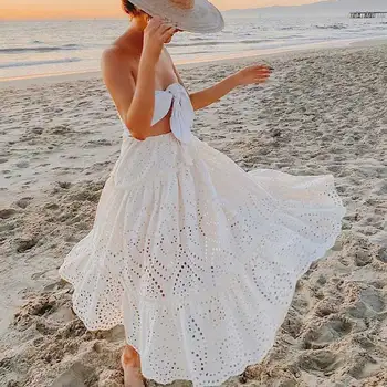 TEELYNN bela vezenino dolgo krilo Ženske letnik bombaž poletje priložnostne krila elastična visoko pasu boho plaži čipke falda