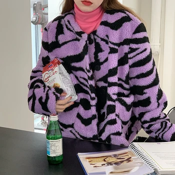 Tujec Kitty Dolgo Oplaščeni Vijolično Svoboden ženska Jakna Krznen Pozimi Zgosti Zebra Vzorec Ženski Plašč Toplo Vrhovi