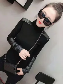 Turtleneck black ženske t srajce PU usnje mozaik majica s kratkimi rokavi ženske gotike punk oblačila