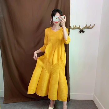 TVVOVVIN Barva Proti-vrat Sedem-točka Rokav Tri-dimenzionalni Naguban Plus Ženska Obleka Priložnostne Moda 2020 Jeseni Novo F979