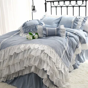 Udobno posteljnino nastavite modra Super sladko torto plasti Kraljica Ruffle rjuhe kritje Luksuzni čipke bedspread bowknot prevleke HM-21S