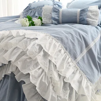 Udobno posteljnino nastavite modra Super sladko torto plasti Kraljica Ruffle rjuhe kritje Luksuzni čipke bedspread bowknot prevleke HM-21S