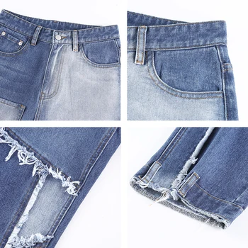Ulične Panelled Mozaik Resast Rob Jeans Za Ženske do leta 2020 Harajuku Visoka Vitka Naravnost jeans Dolge Denim y2k Hlače capris