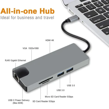 USB C HUB Tip-C HDMI 4K VGA, USB 3.0 HUB 8 v 1 Adapter RJ45 Gigabit Lan Ethernet SD TF Za macbook Pro Air USB Razdelilnik D30