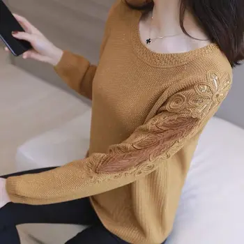 Velika velikost čipke votlih dolgimi rokavi pulover 2019 jeseni, pozimi novo ohlapno dno srajco okoli vratu jopica žensk majico tide
