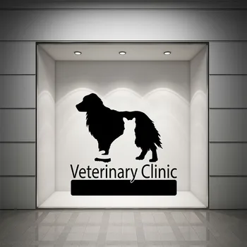 Veterinarski Kliniki Logotip Nalepko Primawall Pet Shop Notranje Zadeve Dekor Vrata, Okna Pvc Nalepka Umetnosti Mačka Pes Živali Silhueto Ozadje E418