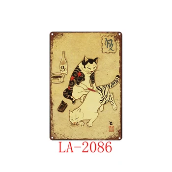 Vintage Japonski samuraj mačka tatoo Kovine Znaki Steni Plakat Ploščica Motorja Stensko Slikarstvo Starinsko Letnik bar Pub Dekor