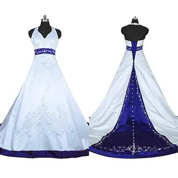 Vintage Nevesta Obleko Povodcem Črto Vezenje Bela in Modra Saten Retro Poročno Obleko M170717-3