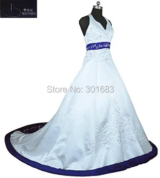 Vintage Nevesta Obleko Povodcem Črto Vezenje Bela in Modra Saten Retro Poročno Obleko M170717-3