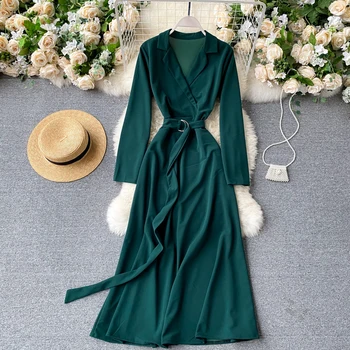 Vintage Zarezo Ovratnik Roza/Oranžna/Zelena Dolga Obleka Ženske Eleganten Dolg Rokav Sashes Slim A-Line Vestidos Jeseni Leta 2020 Moda OL