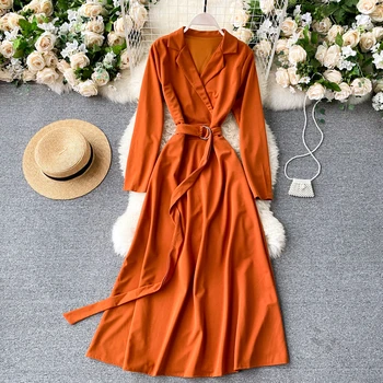 Vintage Zarezo Ovratnik Roza/Oranžna/Zelena Dolga Obleka Ženske Eleganten Dolg Rokav Sashes Slim A-Line Vestidos Jeseni Leta 2020 Moda OL