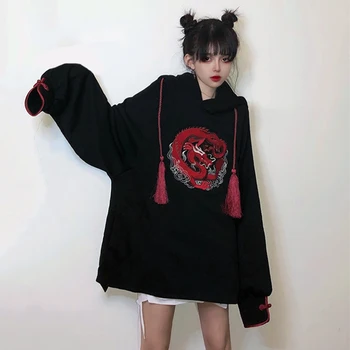 Vintage Zmaj Vzorec Dolgimi Rokavi Ženske Hoodies Črne Barve Harajuku Vezenje Kitajski Slog Svoboden Majica Ženska Oblačila