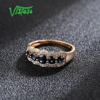 VISTOSO Zlata prstana Za Ženske Resnično 14K 585 Rose Gold Ring Peneče Diamant modra, temno Modra Posla Obletnico Fine Nakit
