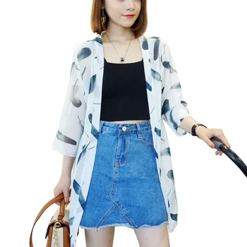 Vroče Prodajo Nove Ženske Bluze Natisnjeni Jopico Ženska V vratu Tri Četrtine Svoboden Šifon Bluzo Kimono Jopico Plus SizeNew