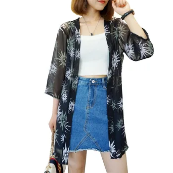 Vroče Prodajo Nove Ženske Bluze Natisnjeni Jopico Ženska V vratu Tri Četrtine Svoboden Šifon Bluzo Kimono Jopico Plus SizeNew