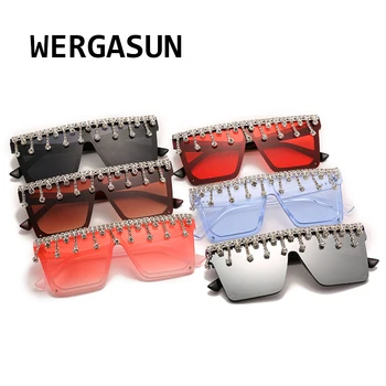 WERGASUN Luksuzni Kvadratnih Diamond sončna Očala Ženske Moški 2020 Ravno Top Crystal Punk sončna Očala Ogledalo Okrasnih Očala UV400