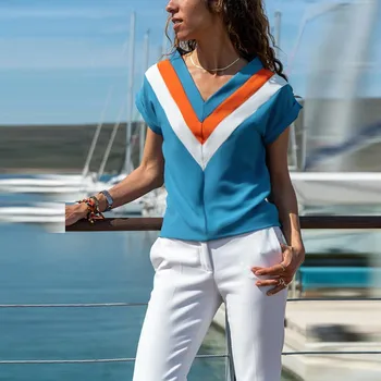 Womens vrhovi in vintage bluze za Ženske Colorblock Tiskanja V Vratu Vrh Kratek Rokav Bluzo vrh ženskega roupa feminina