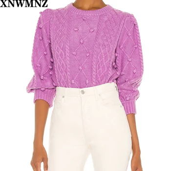 XNWMNZ Za ženske Classic udobno Cableknit pom pom pulover odlikuje precej puff rokave in gomoljna prirezovanja rokav podrobno