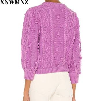 XNWMNZ Za ženske Classic udobno Cableknit pom pom pulover odlikuje precej puff rokave in gomoljna prirezovanja rokav podrobno