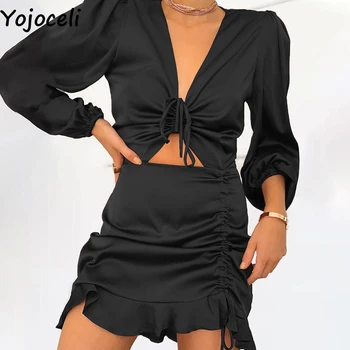 Yojoceli Seksi ruffle saten črno nabrano obleko Jeseni votlih iz elegantne ženske Stranka obleko klub priložnostne kratko obleko vestidos