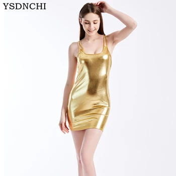 YSDNCHI Punk Rock Seksi Obleko Bodycon Ženska Usnje Mini Obleke brez Rokavov Klub Wear Black Gold Plus Velikost Stranka Obleko Dame